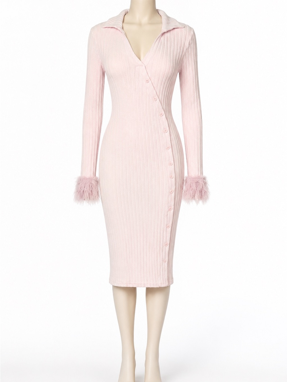 SHEIN Light Pink Ribbed Faux Fur Cuff Long Sleeve Midi Dress
